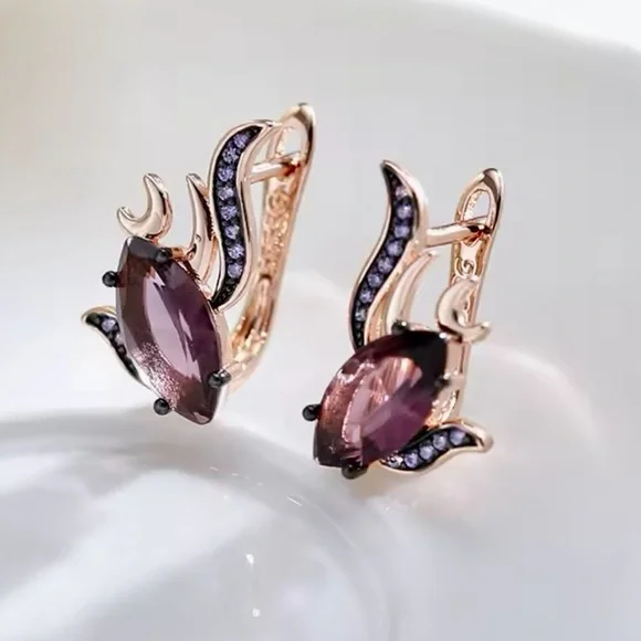 Unique Rose Gold 585RG Purple Natural Gem Zircon Fish Design Earrings - Picture 5 of 9